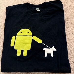 American Apparel Black T-Shirt with Green Robot and White Dog